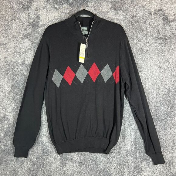 Lyle & Scott 1/4 Zip Mens Medium Black Argyle Grandpa Retro Golf Sweatshirt - Picture 1 of 7